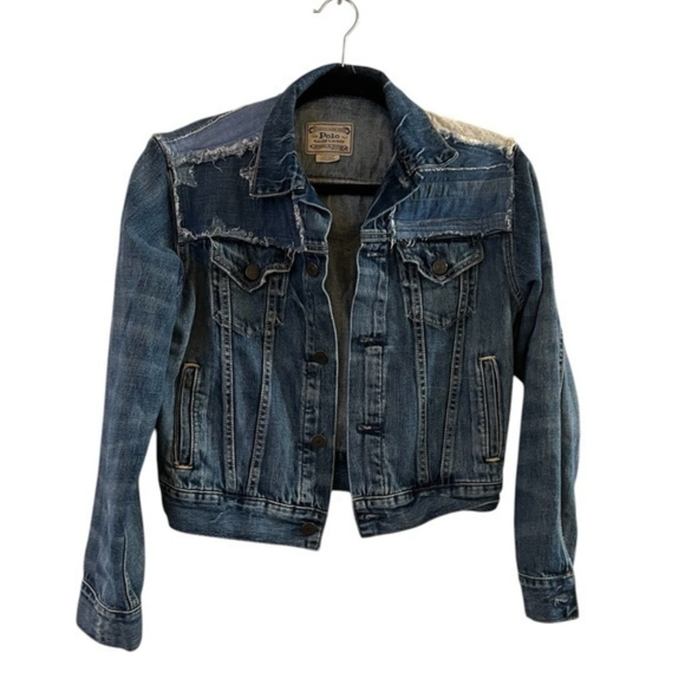 Polo‎ Ralph Lauren Patchwork Distressed Trucker Jean Jacket w/ Star on Elbow